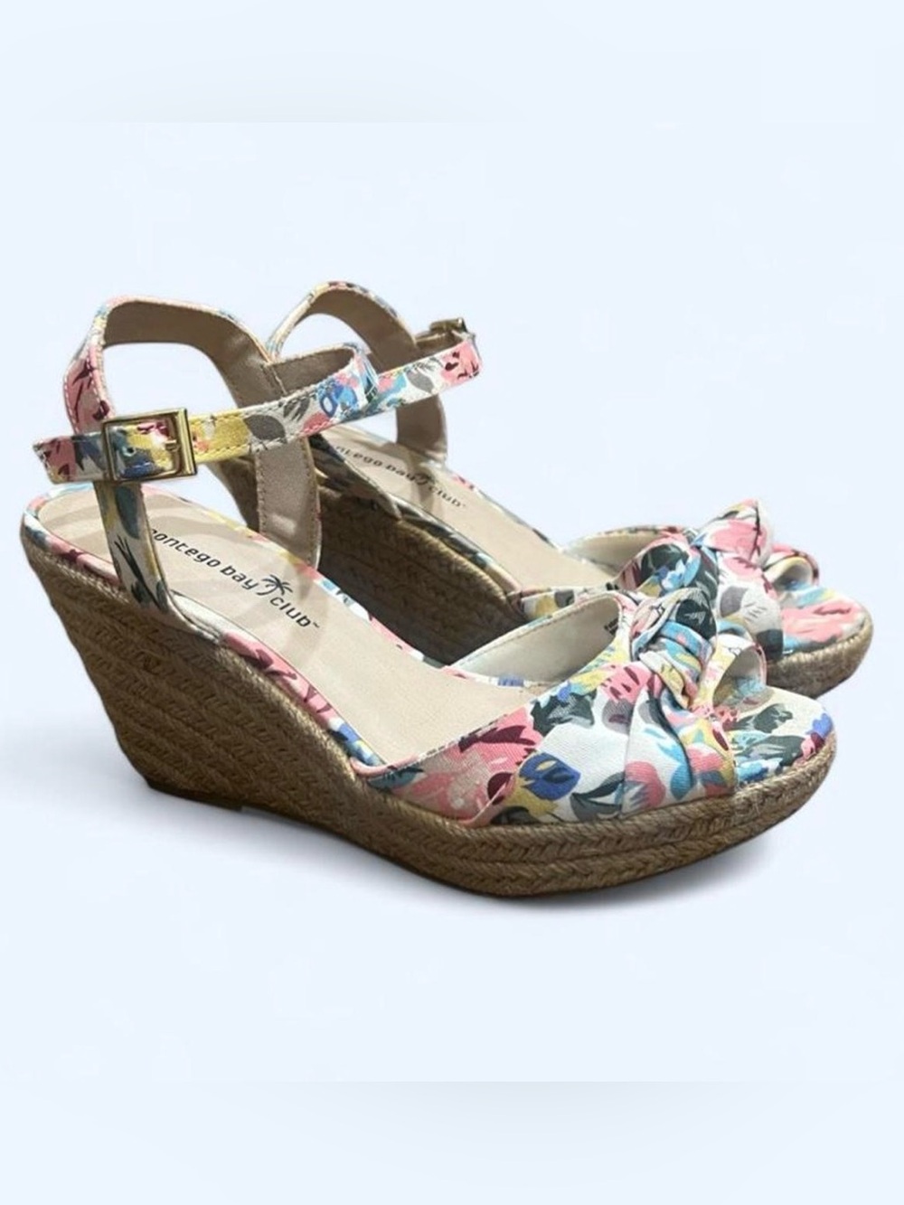 Montego Bay Club Floral Pink Blue Wedge Sandals with Ankle Strap